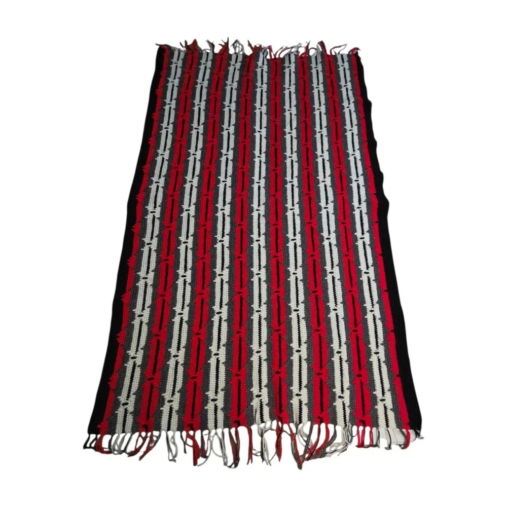 Handmade Crochet Afghan Blanket Red Black White Grey Striped Fringe Throw 63×40